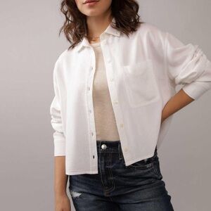 NWT AE Cropped Women's White Button Up Shirt XXL Cotton Collared Button-down